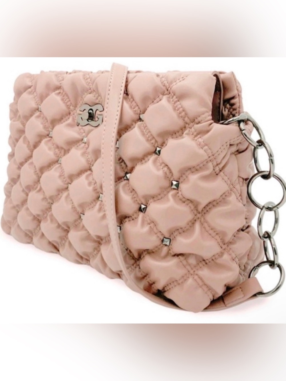 Gilda Paris Waffle Quilted Studded Shoulder Bag in Blush Pink
